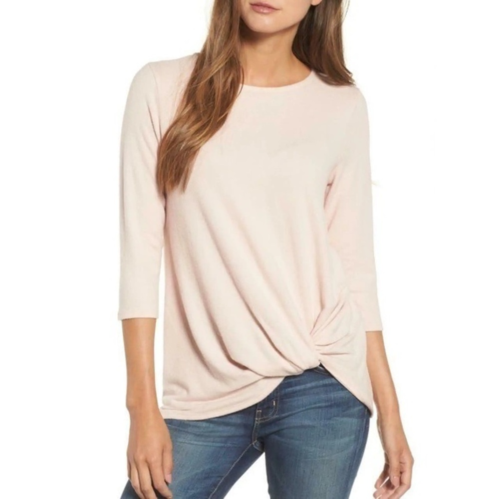 Gibsonlook Twist Front 3/4 Sleeve Lotus Pink Blouse
